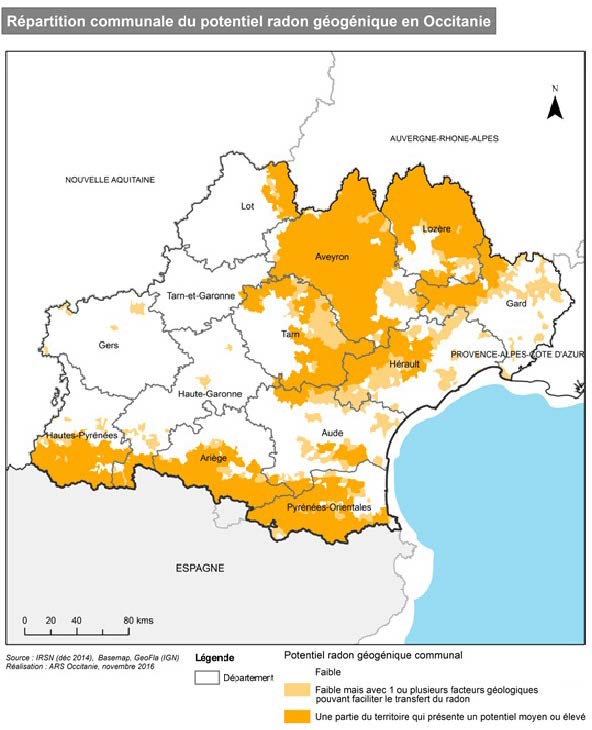 Carte géographique répartition potentiel radon géogénique en Occitanie