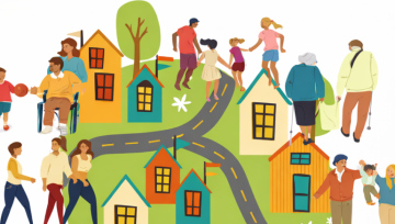 Dessin ilustrant des habitants dans un quartier